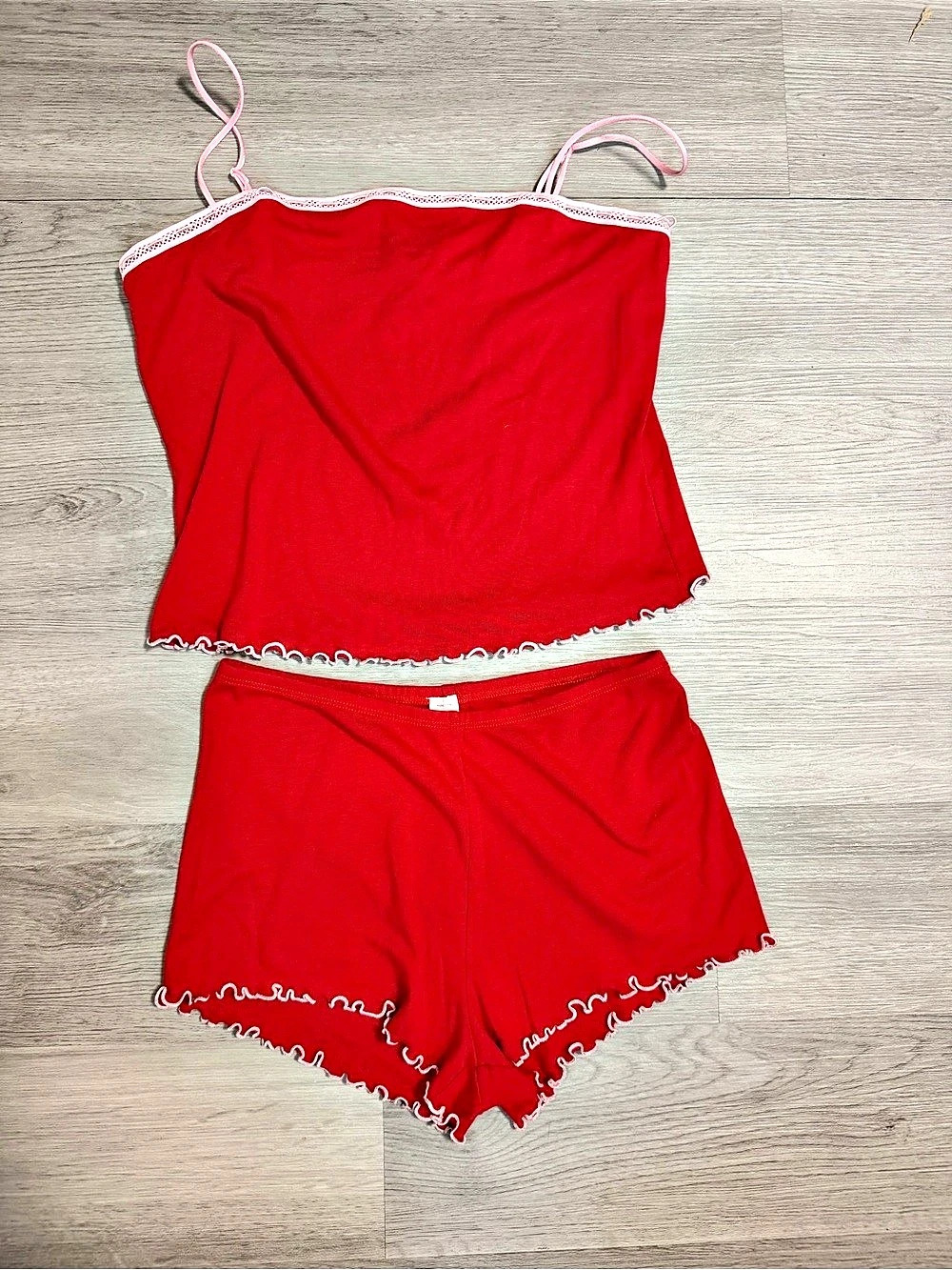 VTG 2002 Victoria's Secret Red Pink Lettuce Edge Cami Shorts PJ Set Y2K medium